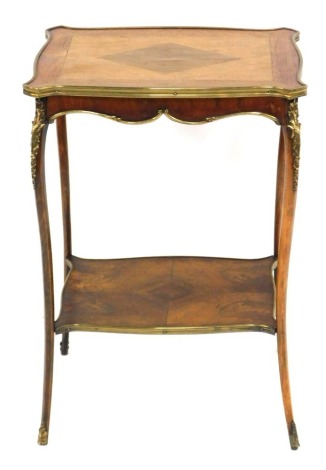 A 19thC parquetry etagere, with gilt brass fittings and under shelf, 50cm wide, 39cm deep.