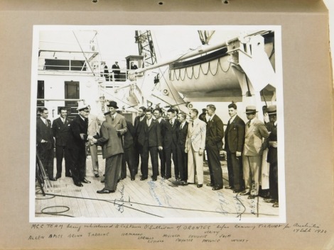 An album of signed and other cricket photographs, to include 1932 Bodyline Tour, photograph of the MCC team onboard The Orontes signed by Larwood, Jardine, Verity, Vose, Wyatt, another image on deck signed by Larwood, Vose and Leyland, photograph of Hedle