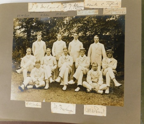 An album of cricket related photographs, some signed some with clipped applied signatures, early 20thC players to include Kellick, Roger Razor Smith, Braund, Actors v Authors images of Basil Foster and J.C Smith, images of various county professionals, Au