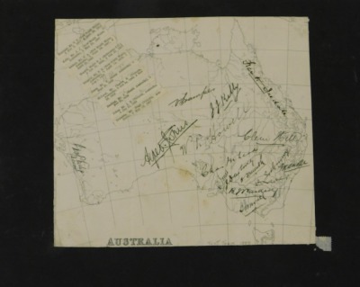 A printed map of Australia, containing a large number of autographs of the 1897 Australia test cricket team, to include Victor Trumper, JJ Kelly, FA Iredale, Major BJ Wardill, etc., printed on to black card the reverse mounted with a signed photograph of