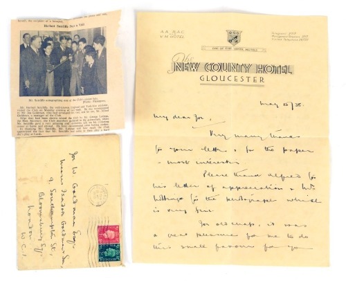 A letter addressed to Joe Goldman, on New County Hotel Gloucester, headed paper dated May 15th 1938 from Herbert Sutcliffe the England cricketer stating 'many thanks for your letter and the paper - most interesting.... ' The letter appears to be a respond