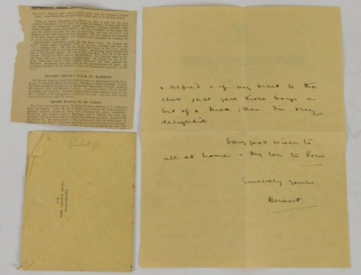 A letter addressed to Joe Goldman, on New County Hotel Gloucester, headed paper dated May 15th 1938 from Herbert Sutcliffe the England cricketer stating 'many thanks for your letter and the paper - most interesting.... ' The letter appears to be a respond - 2