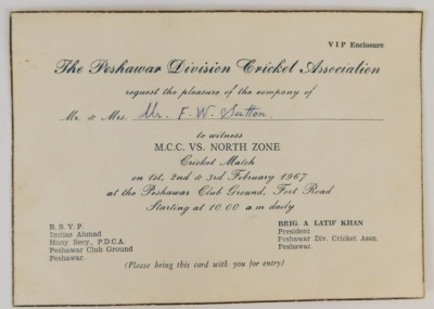 An invitation from the Peshawar Division Cricket Association, to a Mr and Mrs F.W Sutton to witness the MCC under 25 team v Pakistan North Zone match 1st, 2nd and 3rd February 1967, signed to the reverse by a number of players to include Geoff Arnold, Mic - 2