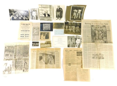 A collection of cricket related photographs and ephemera, to include a press agency image of Cambridge University student match at Cambridge, G.O Shelmerdine at a cricket dinner April 1958, including Duke of Norfolk to Joe Goldman from a William Harrison