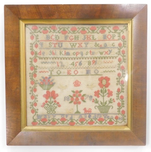 A Victorian alphabetic, numeric, and pictorial sampler, by Mary Ord, dated 1878, 31cm x 29cm.