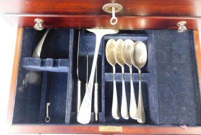 A comprehensive Elizabeth II canteen of silver cutlery, by Carrs for Harrods, Rat tail pattern in Holbrook canteen, with settings for twelve to include fish eaters, knives, forks, sharpening set, dessert spoons, teaspoons and other serving pieces, 176.48o - 3