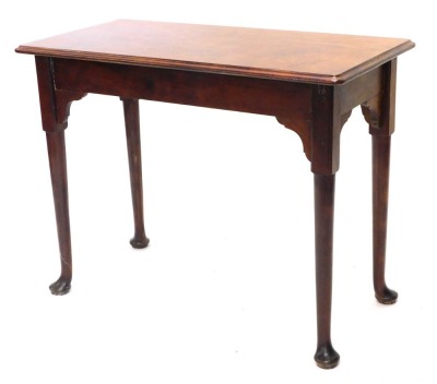 A George III style mahogany drop leaf side table, the plain moulded top on cabriole legs terminating in pad feet, 71cm high, 88cm wide, 43cm deep.