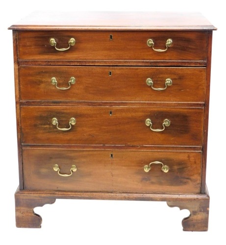 A George III mahogany chest, of four long drawers, each with swan neck handles, on bracket feet, 101cm high, 93cm wide, 55cm deep.