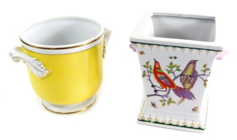 A Vista Alegre Portuguese semi porcelain ice pail, and an Oriental style pottery jardiniere of tapering square form, polychrome decorated with birds. (2)