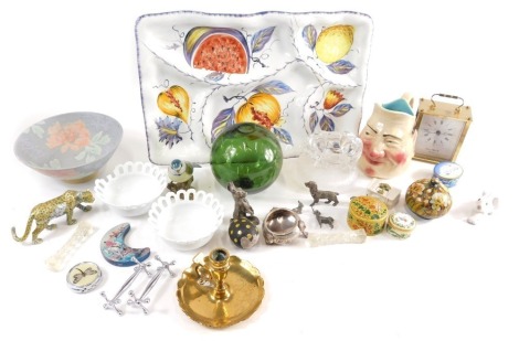 Various glassware, pottery and effects, Continental hors d'oeuvre dish, French Sarreguemines pottery character jug, 16cm high, bowl, patch boxes, etc. (a quantity)