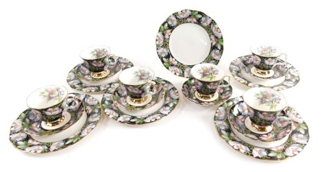 A Royal Albert Provincial Flowers Prairie Crocus part service, setting for six, comprising plates, 20cm wide, cups and saucers, printed marks beneath. (a quantity)