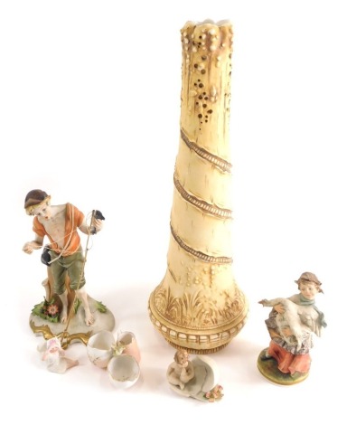 An Austrian pottery vase, with pierced top, turned stem and circular foot, impressed marks beneath, 51cm high, and various Capodimonte figures, miniature figures, small serving dish, etc. (a quantity)