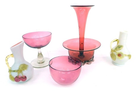 Various cranberry glass, a centrepiece with trumpet stem and circular bowl, on lattice feet, 27cm high, cranberry and clear glass bowl, a pair of milk glass vases. (5)