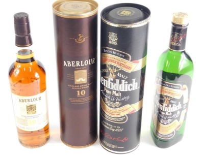 A bottle of Glenfiddich, in cardboard tube, and a bottle of Aberlour ten year old single malt Scotch whisky. (2)