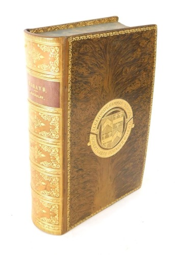 Critical and Historical Essays, Longmans Green and Co, New Impression 1908, in brown boards with gilt stencilling, marked in gilt Sleaford Grammar School Robert Carre Founder 1604 AD.