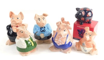 Various Wade pottery NatWest Pigs, to include Maxwell, 17cm high, two Baby Pigs, etc., and A Helpful Way to Save NatWest Helpful Banking box set. (6)