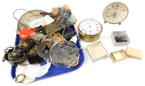 Various boxed watches, clock parts, brass cased clock with Roman numeric dial and Arabic subsidiary second hand, 13cm diameter (AF), retro Mercury mantel clock, various other clock parts, bits, components, etc. (a quantity)