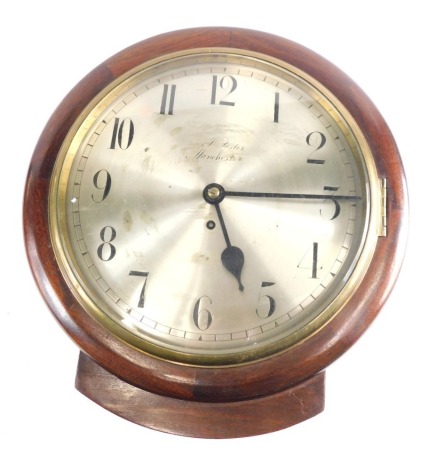 J Foster Manchester. A 19thC mahogany cased wall clock, the silvered Arabic dial, in a plain case, with fusee movement, 37cm diameter, with pendulum.