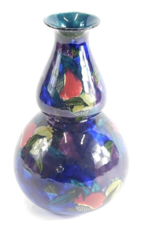 A 20thC Hancock and Sons pomegranate double gourd vase, typically decorated on a subdued purple and blue opalescent ground, printed marks beneath, 29cm high.