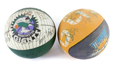 A Manchester Giants marked basketball, 26cm diameter, and a further basketball, each signed. (2)