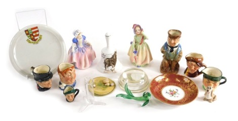 Various Royal Doulton miniature figures, girl figures, Dinky Do, HN1678, printed marks beneath, 12cm high, another Babie, crested china dish, hand bell, Royal Doulton miniature character jugs, 'Arry, Fat Boy, etc. (a quantity)