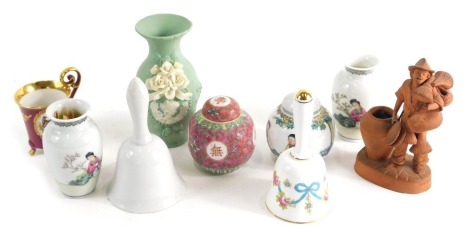 Various pottery and effects, a pair of Chinese Republic period porcelain miniature vases, each polychrome decorated with figures and trees, seal marks beneath, 10cm high, a red ware match stand, Jasper style vase, various other Continental porcelain hand 