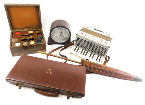 A Hohner small sized piano accordion, 29cm wide, a counted box containing a quantity of counters, Enfield eight day domed top mantel clock, and a vacant brown leather Masonic case, initialled G. T. M.