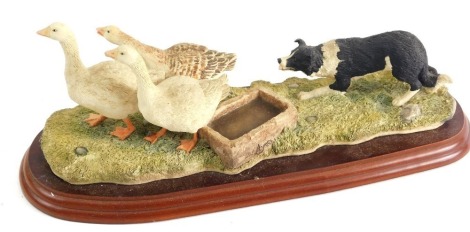 After Geese by Ray Ayres Border Fine Art figure group, sheepdog and geese, on wooden plinth base, 14cm high.