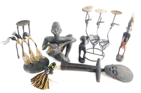 Various tribal items, a figure staff with T arm handle, 39cm high, other tribal items, carvings, figure groups, etc. (a quantity)