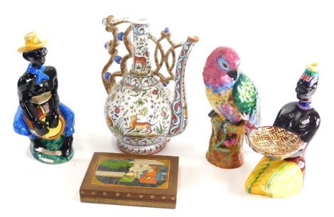 Various pottery and effects, a Continental polychrome figure of a parrot, on fruit lined base, 29cm high, an Exclusive Drieli Italian pottery dish, similar drummer figure, Eastern box, etc. (a quantity)