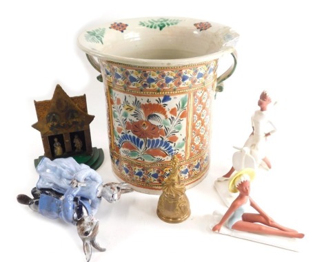 Various pottery and effects, a large Eastern style jar, a Chad Valley articulated group of porcelain figures, on a stepped base, dancing hares, Dutch Gema figures, girl on motorcycle, number 647, 23cm high, etc. (a quantity)