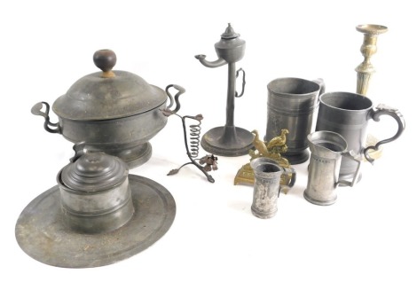 Various 19thC and other pewter, mug, 18cm high, lidded jar, various other metalware, candlestick, plate, etc. (a quantity)