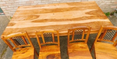 An Eastern hardwood dining room table, the rectangular table with metal embellishments, on turned legs, 78cm high, 216cm wide, 102cm deep, and eight chairs. and a wine rack. (10) - 2