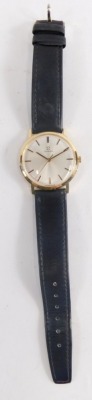 An Omega wristwatch, with silver coloured dial and plain baton dial marked Swiss Made, the reverse un-engraved with black leather strap and Omega buckle, 22cm long overall, the dial 3.2cm diameter. - 2