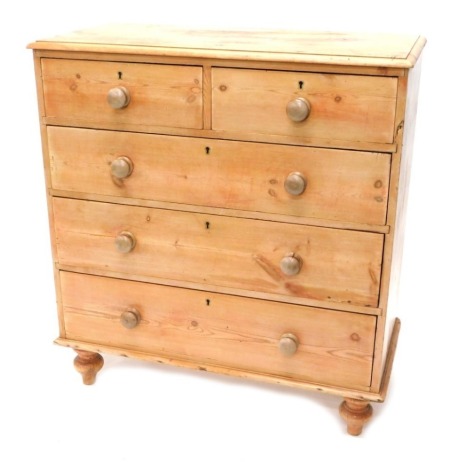 A 20thC pine chest, of two short and three long drawers, 114cm high, 113cm wide, 51cm deep.