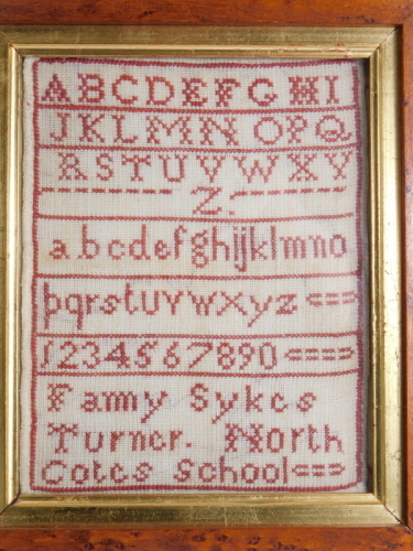 A 19thC alphabetic and numeric sampler, by Fanny Sykes, Turner North Cotes School, undated, with part family tree verso, 20cm x 17cm.