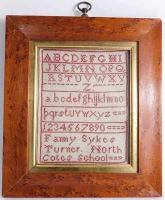 A 19thC alphabetic and numeric sampler, by Fanny Sykes, Turner North Cotes School, undated, with part family tree verso, 20cm x 17cm. - 2