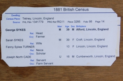 A 19thC alphabetic and numeric sampler, by Fanny Sykes, Turner North Cotes School, undated, with part family tree verso, 20cm x 17cm. - 4