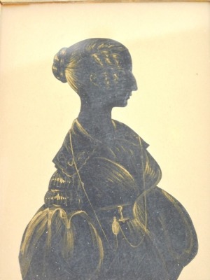 A 19thC gilt highlighted silhouette of a lady, three quarter profile, 12cm x 9cm, in bird's eye maple frame.