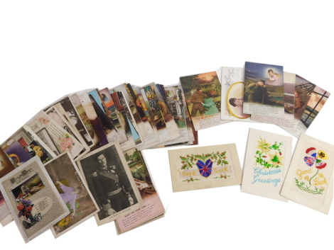 Various postcards, world scenes, war cards, Malta, I Just Want You, and other Sweetheart cards, war related, embroidered Christmas greetings, World War I and other type, Good Luck card, etc. (a quantity)