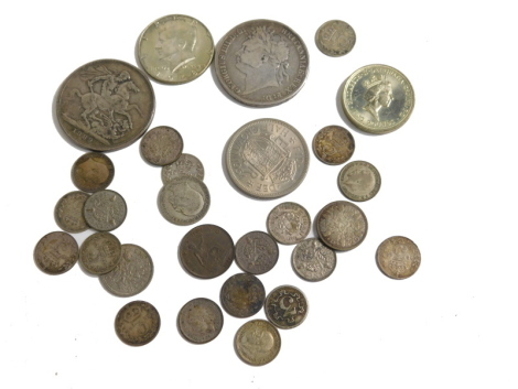 Various coins, George IV and later, a George IV crown 1822, Victorian crown 1889, various low denomination later coins, silver and other threepenny bits, etc. (a quantity)