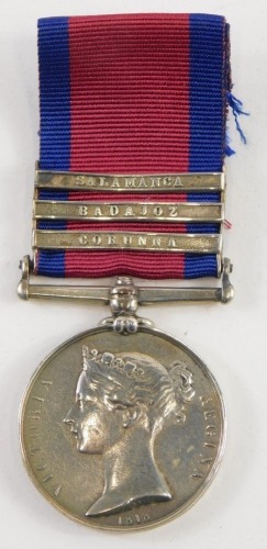 A medal, marked Military General Service, T G GILL SERGT MAJOR 19th Lances, the ribbon with Salamanca, Badajoz, and Corunna clasps.