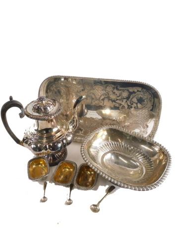 Various silver plated ware, a 20thC coffee pot with ebonised handle, 29cm high, three open salts, on orb feet, galleried edge tray marked Stanley W White, early 20thC basket. (a quantity)