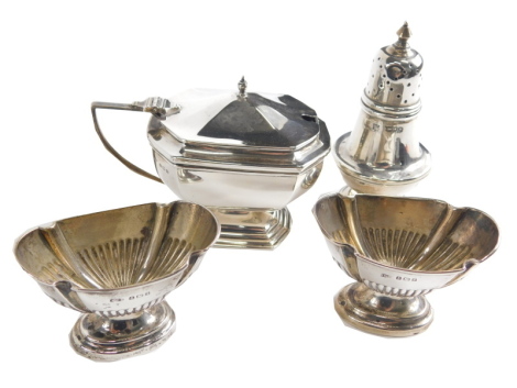 Various small silver, a Victorian pepper pot, with domed lid, urn finial, bellied body, and circular foot, London 1891, 10cm high, other associated items, open salts, and a mustard pot, with blue glass liner, 7.97oz all in. (4)