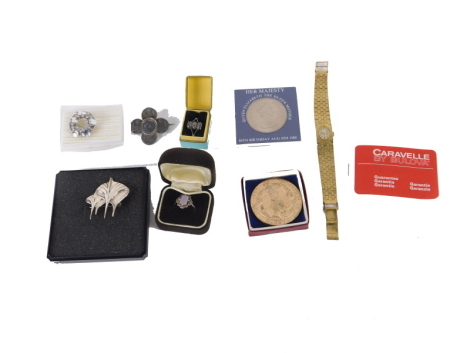 Various costume jewellery and effects, dress ring, coin brooch, various other coins, 1953 Coronation cased coin, Hillestad silver brooch and box, 80th Birthday crown, 40cm diameter, cased, etc. (a quantity)