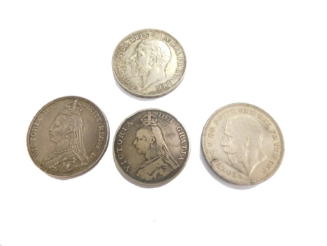 Various coins, a Victorian crown 1889, half crown, and two 1935 crowns. (4)