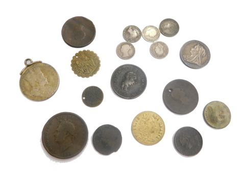 Various coins and associated items, a George III brass guinea token, various low denomination, other coins, small quantity of silver, etc. (a quantity)