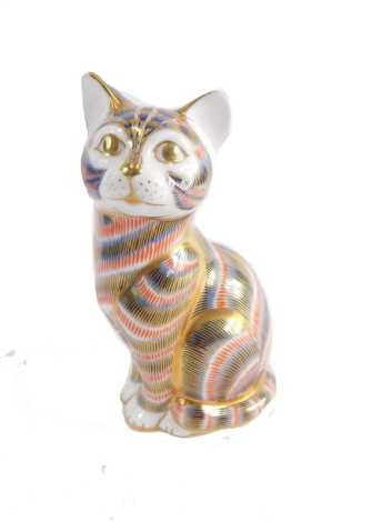 A Royal Crown Derby paperweight ornament cat, silver gilt stoppers, printed marks beneath, 12cm high.