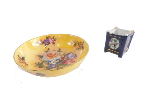 An M Grant Fine Bone China Powers Court Caverswall bowl, profusely decorated with flowers on a yellow ground, marked beneath, 15cm diameter, and a square miniature planter. (2)