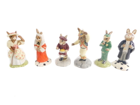 Various Royal Doulton Bunnykins figures, Little Jack Horner Bunnykins, 9cm high, Judge Bunnykins, Little Bo Peep, Morris Dancer, etc., printed marks beneath. (6)